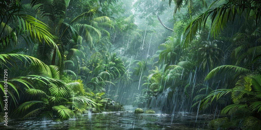 Rain falling on dense canopy of tropical forest with green leaves. Rain falling on dense canopy of tropical forest with green leaves.