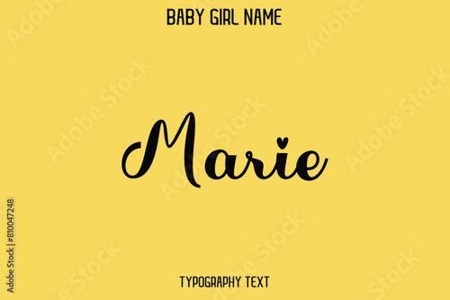 Marie Female Name - Cursive Hand Drawn Lettering Vector Typography Text on Yellow Background