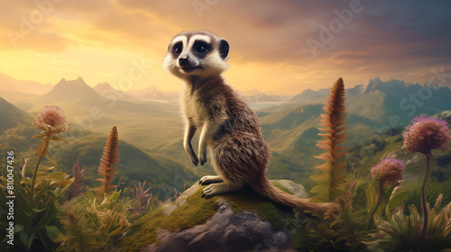 A curious meerkat standing on its hind legs, surveying the jungle landscape.