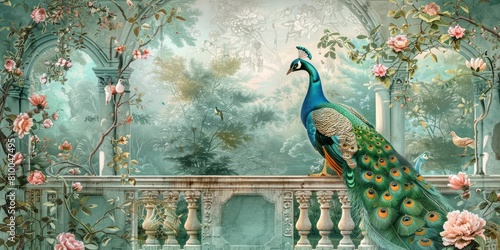 Fototapeta Naklejka Na Ścianę i Meble -  Vintage wallpaper of a Parisian Chinoiserie Garden with a peacock, flowers and birds in pastel green tones, a white marble fence, arches, a garden, rococo, Asian art, a romantic scenery,  watercolor