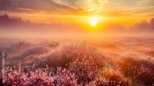 A serene morning on a heathland with dew-covered heather and a rising sun in the background