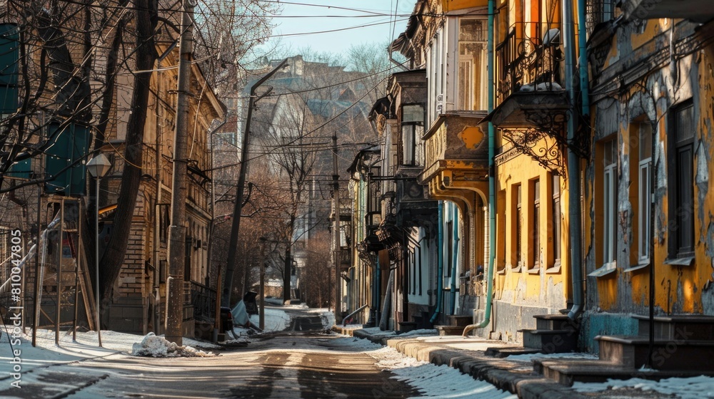 Fototapeta premium A narrow street covered in snow, perfect for winter scenes