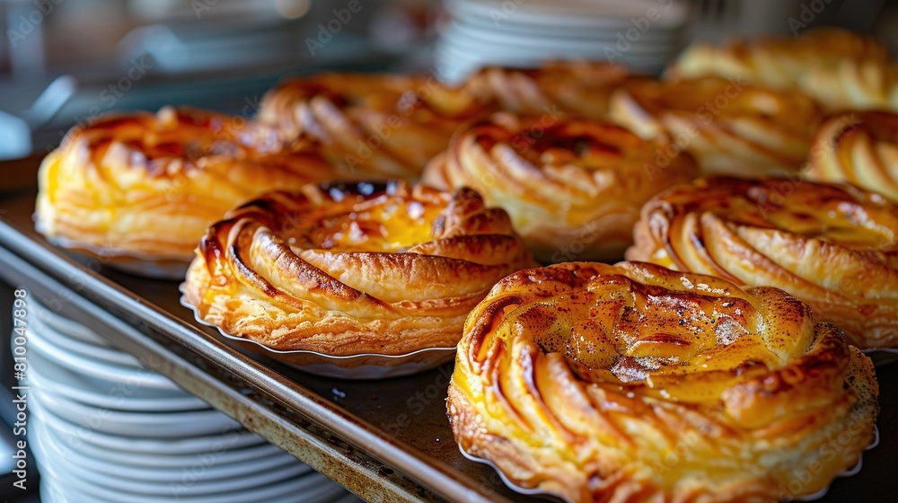 Close-up of several pastries on a tray placed on a table with plates in the background Close-up of several pastries on a tray placed on a table with plates in the background