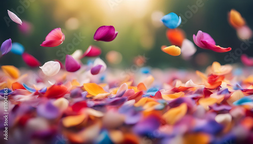Beautiful view of many colorful rose petals falling to the ground