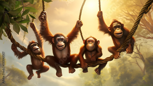 A family of orangutans swinging gracefully through the treetops, their playful antics bringing life to the jungle.