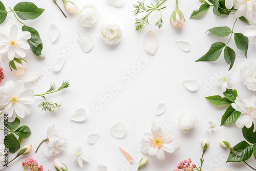 white flowers on a white background, Surrounding the white background, delicate floral elements add a touch of romance and charm to the composition