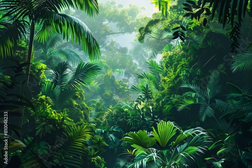 A lush tropical jungle  with towering trees and exotic wildlife