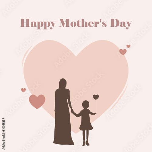 Illustration design of International Mother's Day, May 14. Silhouette of a balloon in the hands of the child with his mother, walking towards the shape of a love heart. Concept of mother's love.
