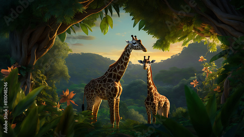 A family of giraffes peacefully grazing on leaves high above the jungle floor.