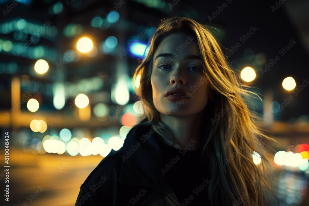 Urban night portrait of a blonde woman in winter fashion, looking away thoughtfully, against a backdrop of city lights.
Urban night portrait of a blonde woman in winter fashion, looking away thoughtfully, against a backdrop of city lights.
