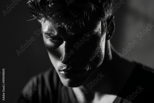 Intense close-up of a young man with a wet, textured look, capturing raw emotion and a striking visual impact.

