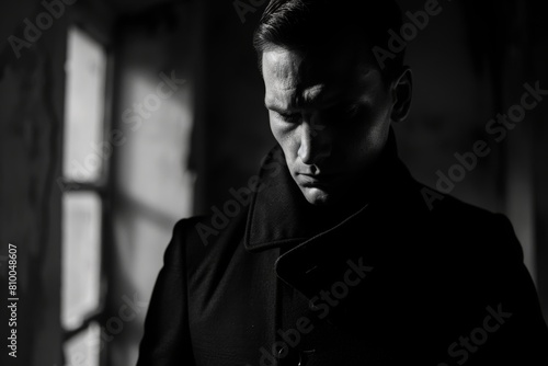 Mysterious man in dark tones, showcasing a brooding and intense expression in a dramatically shadowed environment.