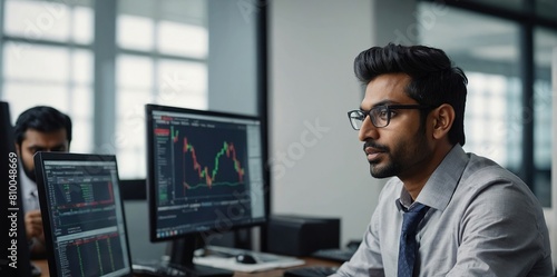 South Asian Financial Securities Trader Working on Desktop Computer in a Modern Office, Handsome Indian Accountant Bookkeeping Financial Affairs of a Business Venture