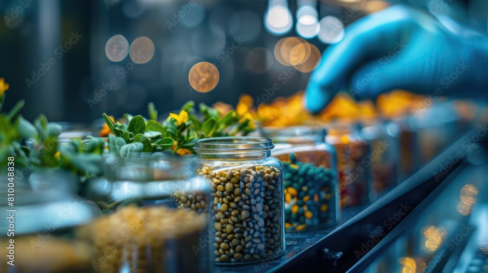 A gloved hand picks up a jar of seeds from a conveyor belt full of jars of seeds and plants. A gloved hand picks up a jar of seeds from a conveyor belt full of jars of seeds and plants.