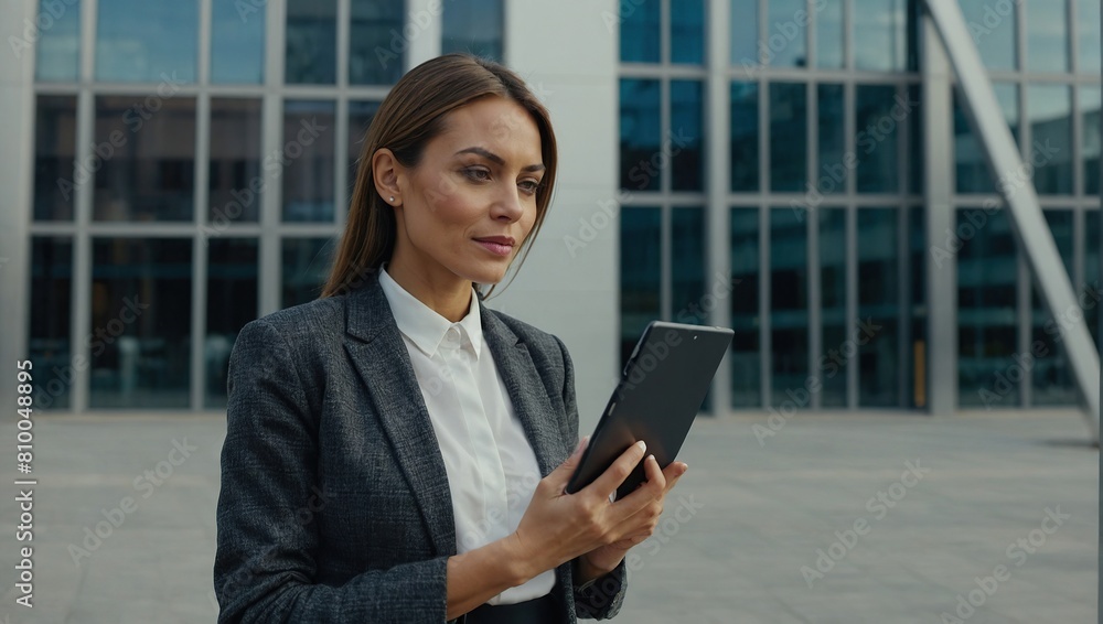 Portrait of a successful business woman using digital tablet in front of modern business building Portrait of a successful business woman using digital tablet in front of modern business building