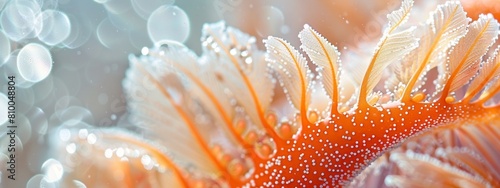 A coral reef, close-up of the orange and white coral feather shaped patterned background.