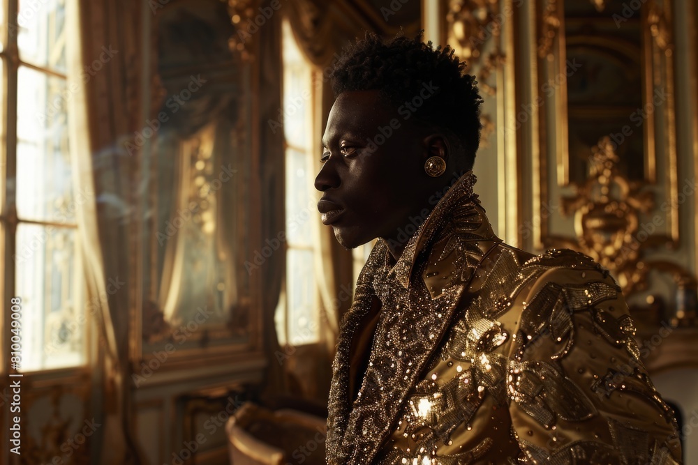 Stylish man wearing an ornate gold jacket, reflecting power and elegance within the luxurious confines of a baroque room.
Stylish man wearing an ornate gold jacket, reflecting power and elegance within the luxurious confines of a baroque room.