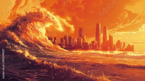 Large Tsunami Wave Approaching City Skyline. Tsunami wave threatening a coastal city with skyscrapers, depicting the destructive power of natural disaster
