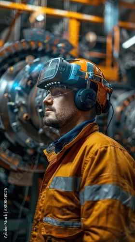 A man wearing a hard hat and safety glasses looks at a large machine. © BoOm