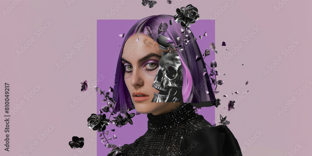 Gothic Dual Face Collage with Skull and Black Roses