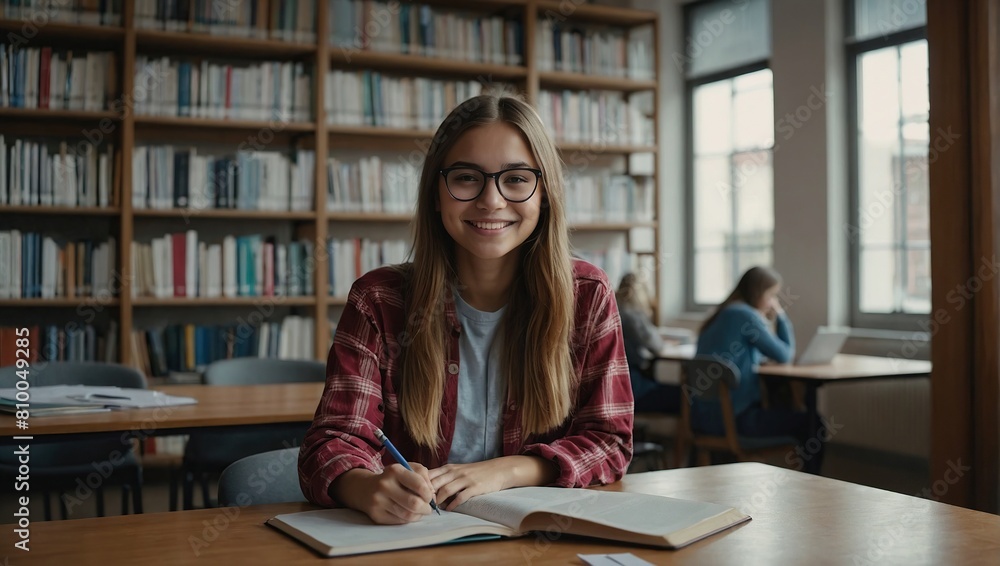 Portrait of happy attractive student girl posing for camera seated at desk with laptop and textbook, enjoy education in university, preparing for exams or high-school admission, studying in library Portrait of happy attractive student girl posing for camera seated at desk with laptop and textbook, enjoy education in university, preparing for exams or high-school admission, studying in library