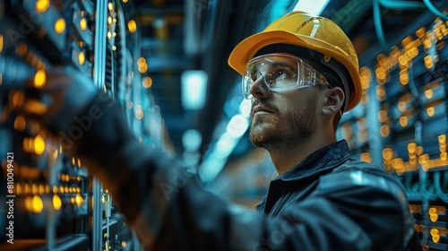 A network engineer wearing a hard hat and safety glasses works on a server in a data center.