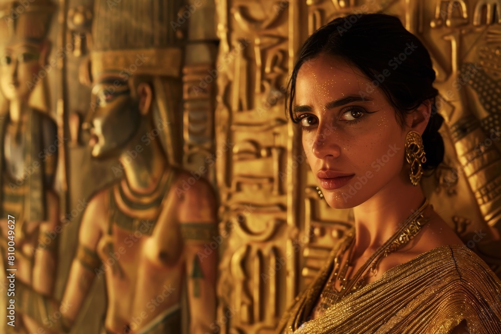 Fototapeta premium Fashion model in a gold embellished gown stands regally against a backdrop of ancient Egyptian carvings.
