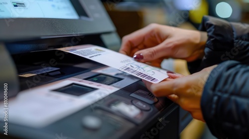 A woman prints out a train ticket from a self-service machine photo