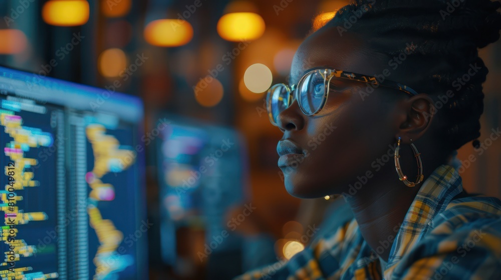 A young woman wearing glasses is looking at a computer screen with a coding interface. A young woman wearing glasses is looking at a computer screen with a coding interface.
