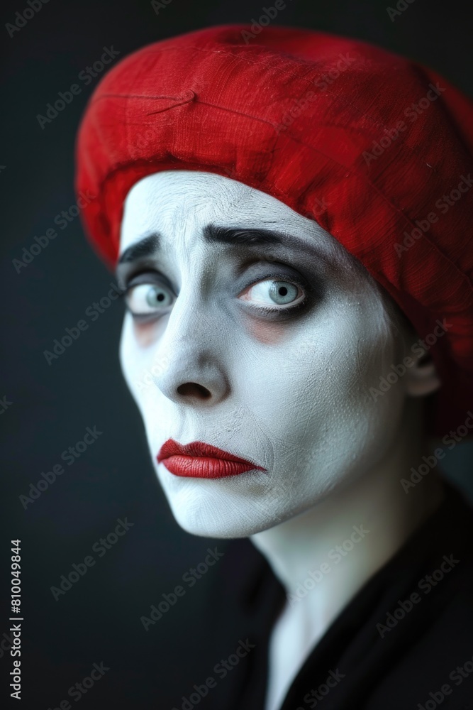 A woman wearing white makeup and a red beret, suitable for fashion or beauty concepts A woman wearing white makeup and a red beret, suitable for fashion or beauty concepts