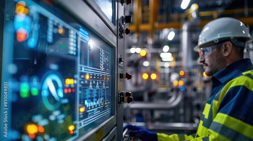 An engineer in a hard hat and safety glasses operates a control panel in a factory. An engineer in a hard hat and safety glasses operates a control panel in a factory.