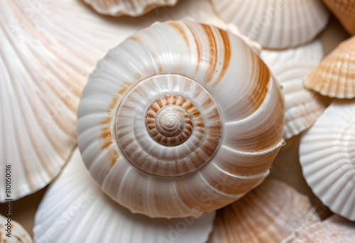 A seashell with a spiral pattern, showing the intricate details of the shell's surface