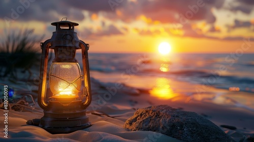 a lantern sits on the beach with the sun setting behind it.