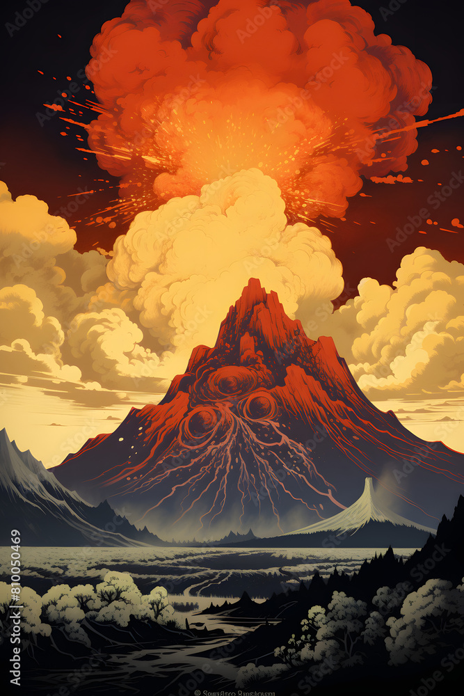 illustrated vintage style volcano, volcano illustration, volcano vintage style, volcano artwork basic colors vintage