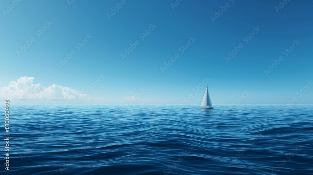 Obraz premium Solitary Sailboat on Vast Blue Ocean, Peaceful Nautical Scene with Copy Space