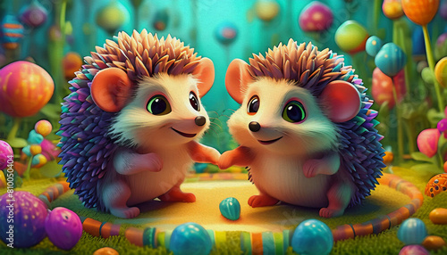 OIL PAINTING STYLE CARTOON CHARACTER CUTE baby A pair of playful hedgehogs exploring a miniature obstacle cours,  © stefanelo