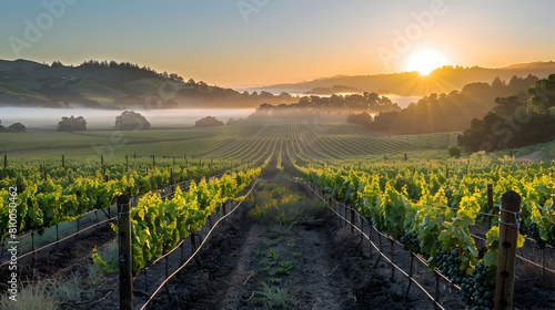 A serene sunrise over a sprawling vineyard, the early morning light casting a soft glow on dew-kissed grapevines photo