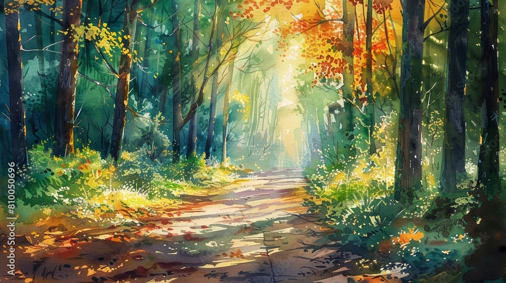 Vibrant watercolor painting of a sunlit forest pathway with dappled light filtering through leaves