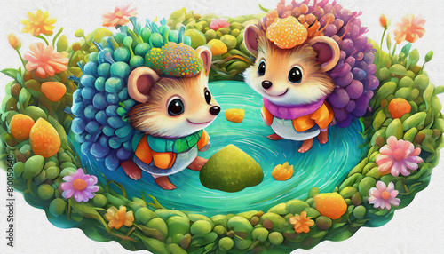 OIL PAINTING STYLE CARTOON CHARACTER CUTE baby A pair of playful hedgehogs exploring a miniature obstacle cours  