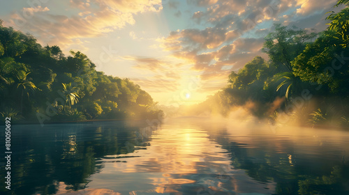 A serene sunrise over a riparian zone with mist hovering over the calm water and lush greenery on the banks photo