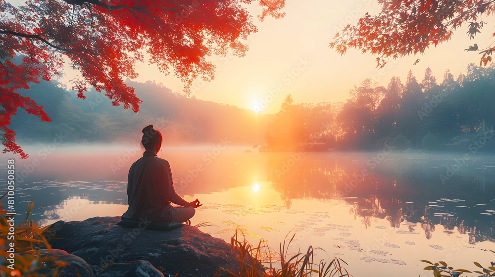 A person meditating in body of water, enclosed by trees in a serene natural setting. A person meditating in body of water, enclosed by trees in a serene natural setting.