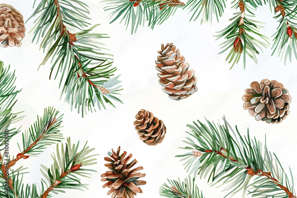Watercolor Pine Needles, Pine branches and cones, Seamless pattern illustration 