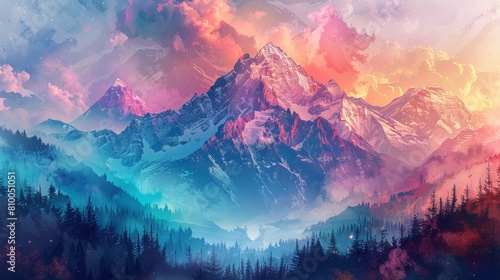 Capture a striking frontal view of a majestic mountain range with vivid colors and intricate details