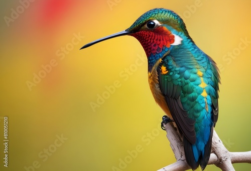 A vibrant hummingbird perched on a branch, with feathers and a sharp beak