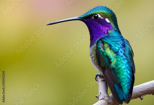A vibrant hummingbird perched on a branch, with feathers and a sharp beak