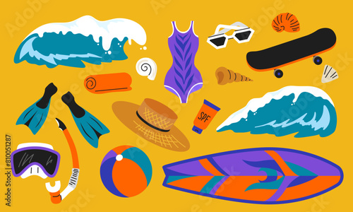 Set of summer beach elements. Collection with ocean waves, surfboard, skateboard, swimsuit, straw hat, diving mask, fins, sunglasses, ball. Vector design elements for summer banner, poster