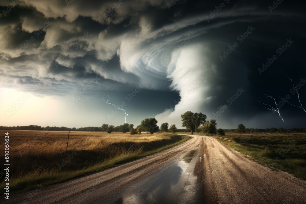 Tornado road storm landscape. Natural sky. Generate Ai