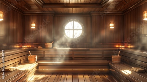 Capture the serene ambiance of a rear view sauna with intricate wood paneling  soft  inviting lighting  and a hint of rising steam  using a digital photorealistic technique