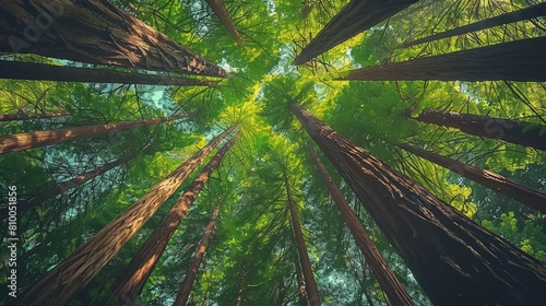 Wide-angle shot from beneath giant redwood trees, branches reaching skyward in lush green. photo