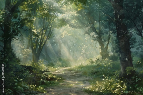 A serene woodland glen  with sunlight filtering through the trees